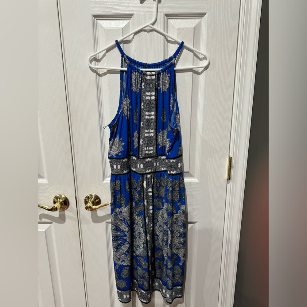 Blue with black and white dress with thin straps.  EUC size XL.